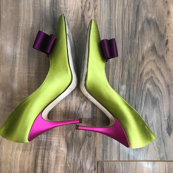 Kate Spade Size 6 Heels Green Purple Satin Bow - Picture 3 of 6